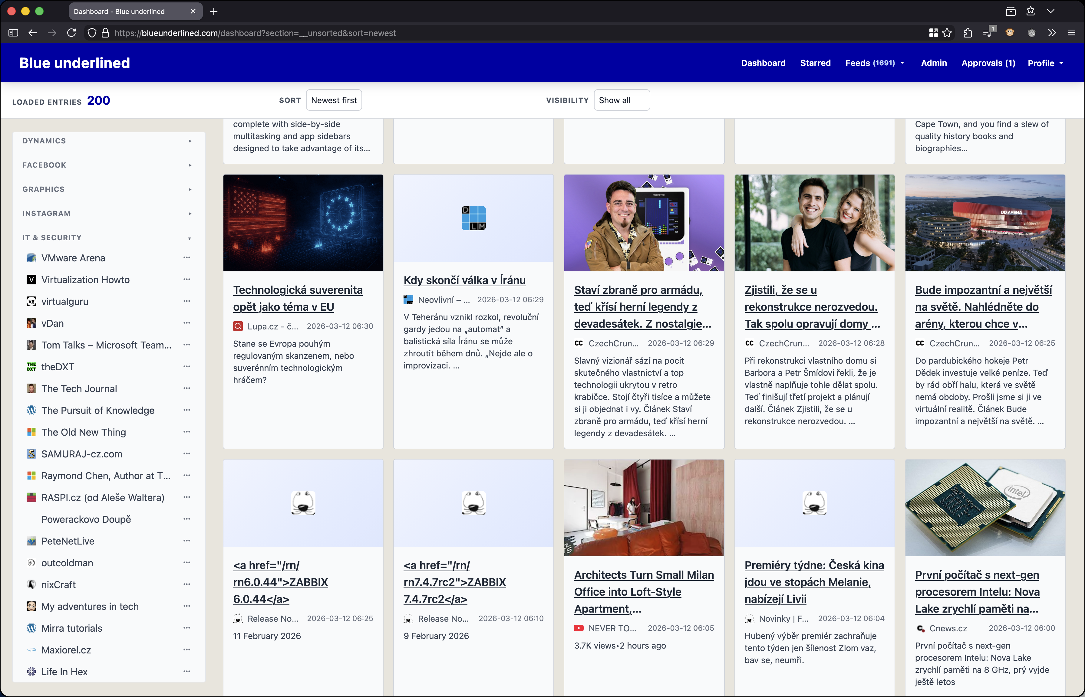 Blue Underlined RSS reader screenshot